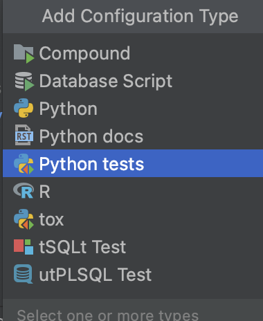 An screenshot from DataSpell. The screenshot shows several different services that can be managed via a GUI. The items include database scripts, python tests, R, and tox commands.